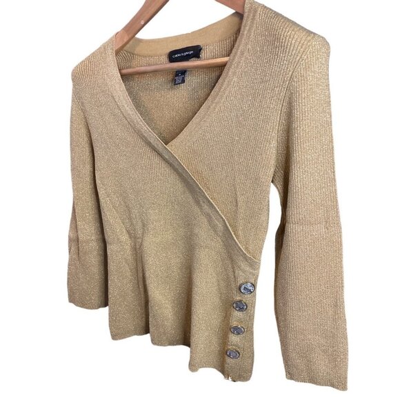 Cable and Gauge Gold Metallic V Neck Faux Wrap Clear Stone Detail Pullover Top - Picture 3 of 10